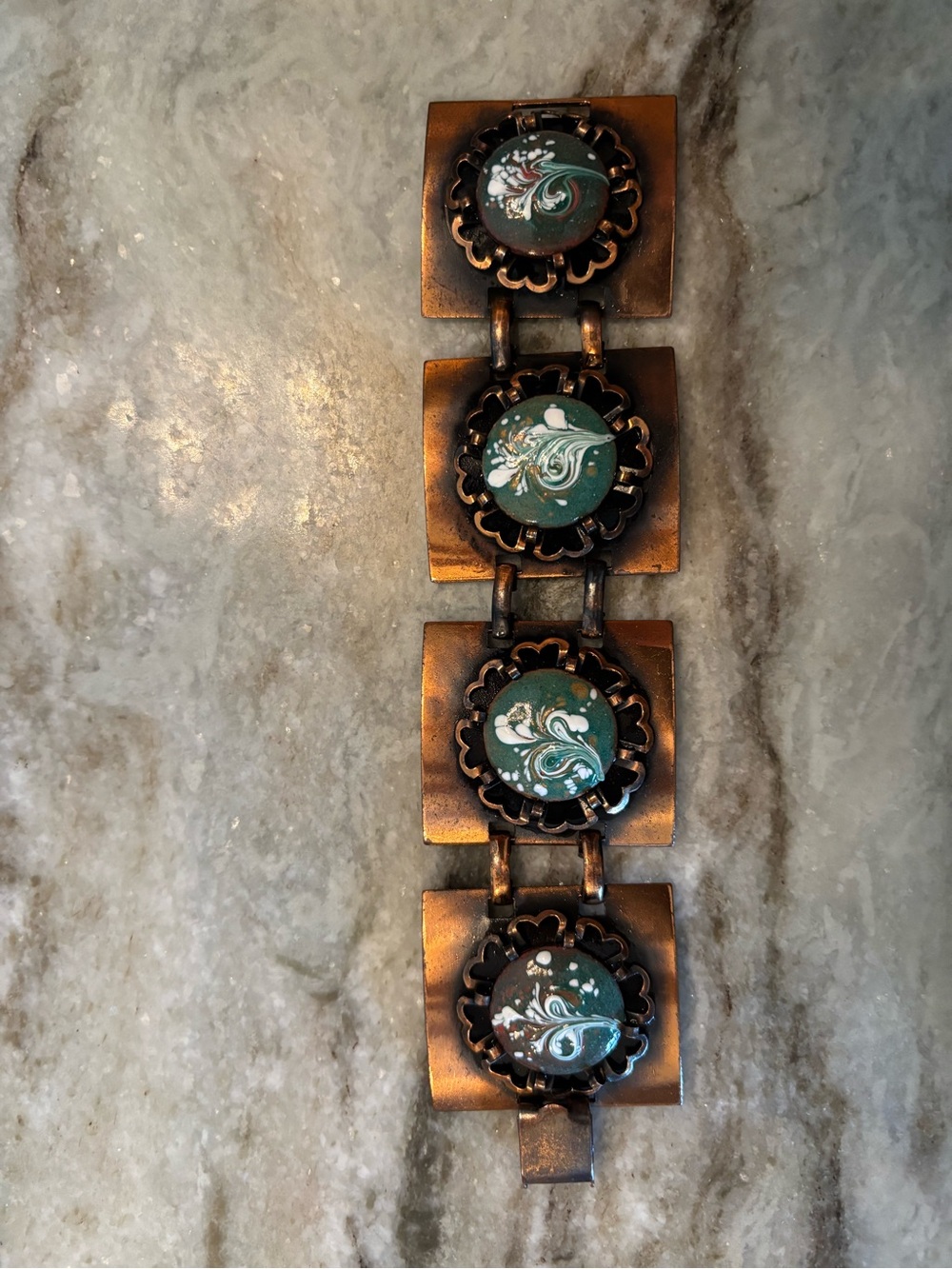 Vintage Midcentury Copper Bracelet with  Floral Hand painted Enamel Cabochons